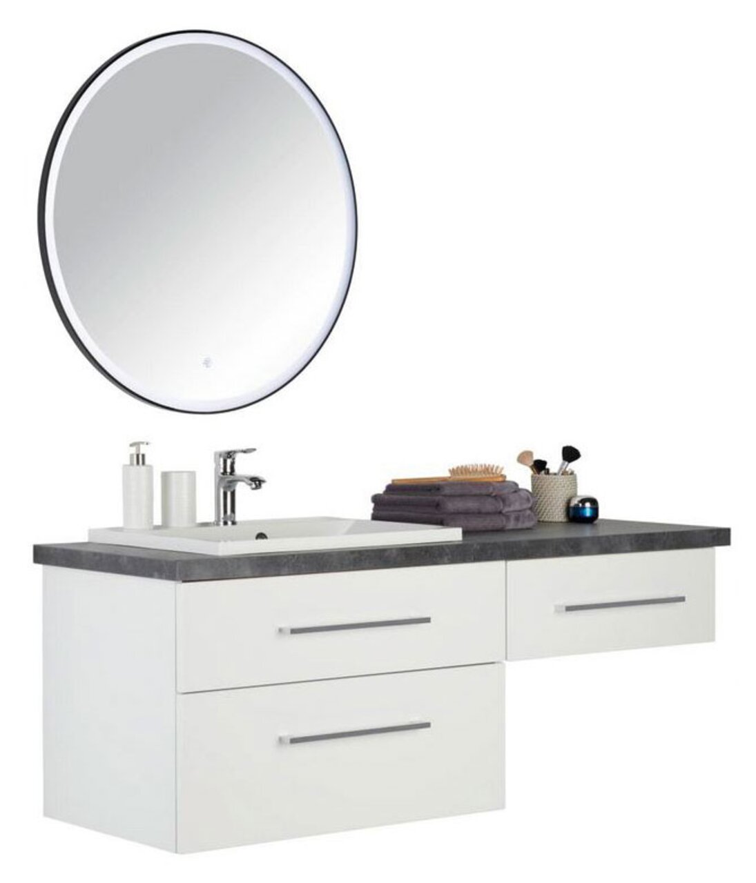 Voleo Badkombination LARA Moderne Badkombination mit rundem Spiegel, Waschbecken und Stauraum, seitliche Perspektive