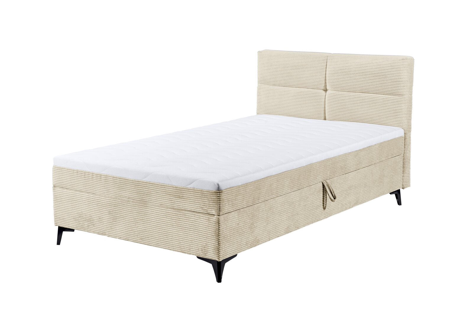 Beiges Boxbett mit gestepptem Kopfteil und schwarzem Metallfuß, seitliche Perspektive