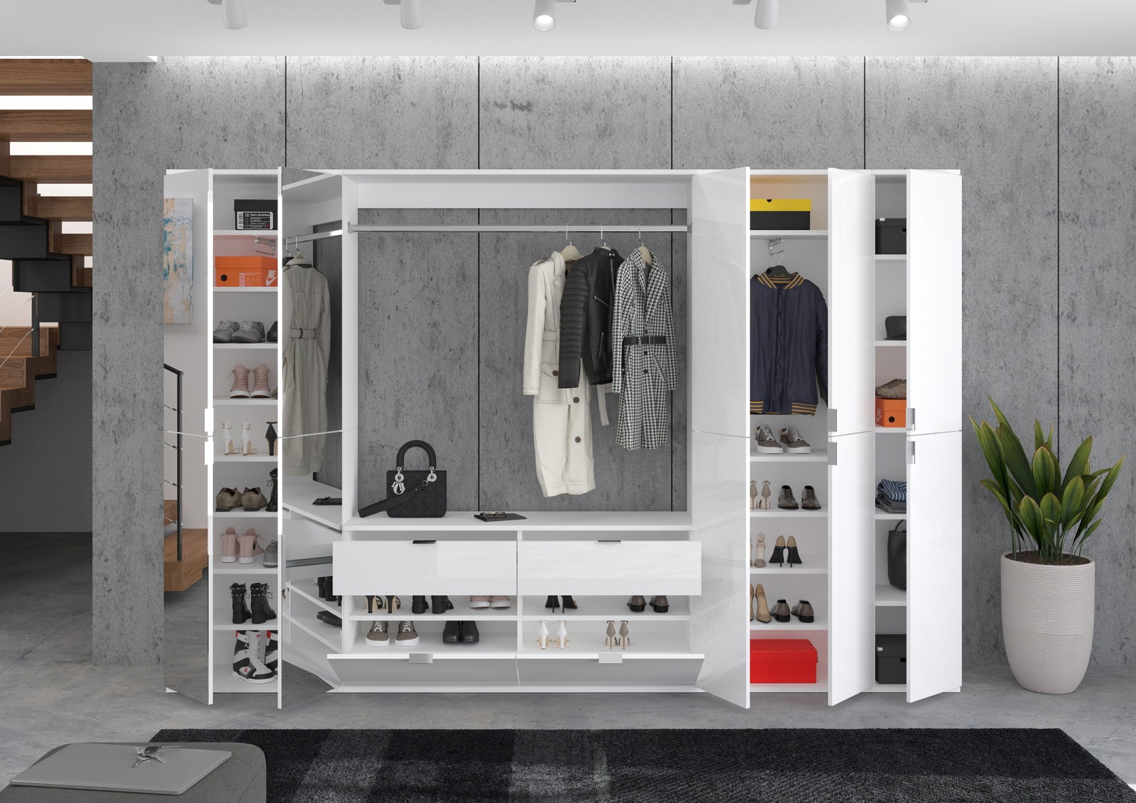 Moderne Garderobenkombination in Weiß mit offenen Türen, zeigt Kleiderstangen, Regale und Schubladen, gefüllt mit Kleidung und Accessoires, aus frontaler Perspektive.