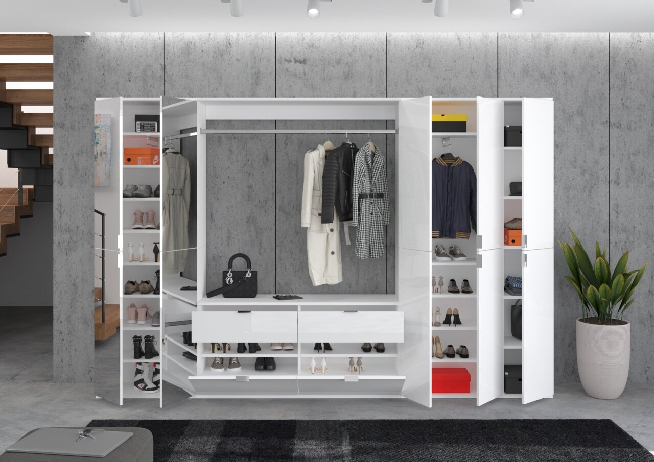 Moderne Garderobenkombination in Weiß mit offenen Türen, zeigt Kleiderstangen, Regale und Schubladen, gefüllt mit Kleidung und Accessoires, aus frontaler Perspektive.