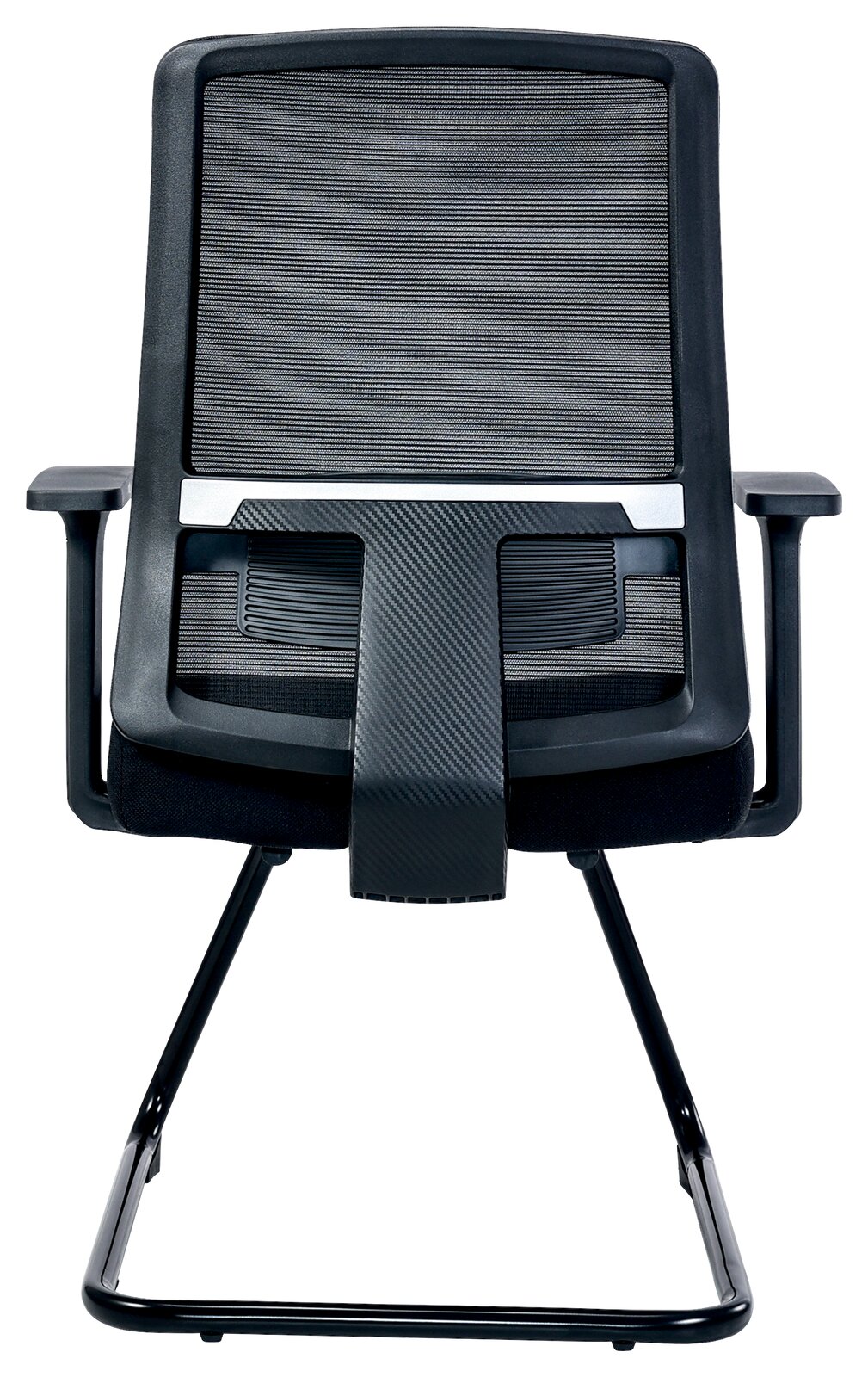 Rückansicht eines modernen Besucherstuhls mit Netzrückenlehne und Armlehnen