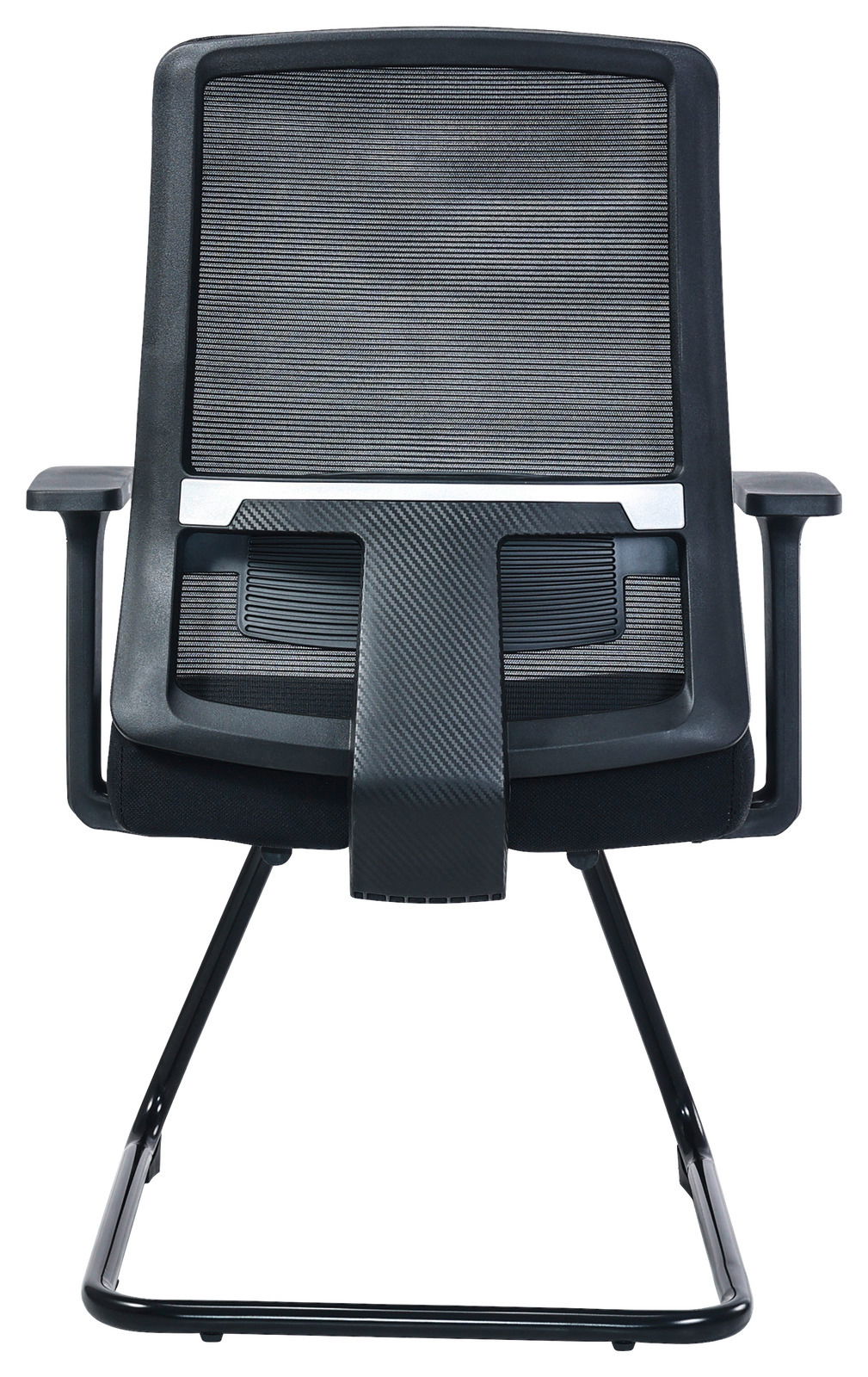 Rückansicht eines modernen Besucherstuhls mit Netzrückenlehne und Armlehnen