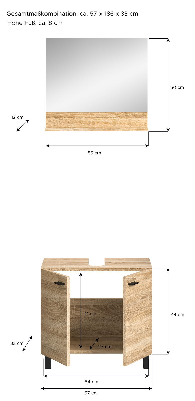 Badkombination BOSTON mit Holzoptik, bestehend aus einem Spiegel und einem Unterschrank mit zwei Türen, Gesamtmaße ca. 57 x 186 x 33 cm, Frontalansicht.