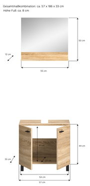 Badkombination BOSTON mit Holzoptik, bestehend aus einem Spiegel und einem Unterschrank mit zwei Türen, Gesamtmaße ca. 57 x 186 x 33 cm, Frontalansicht.