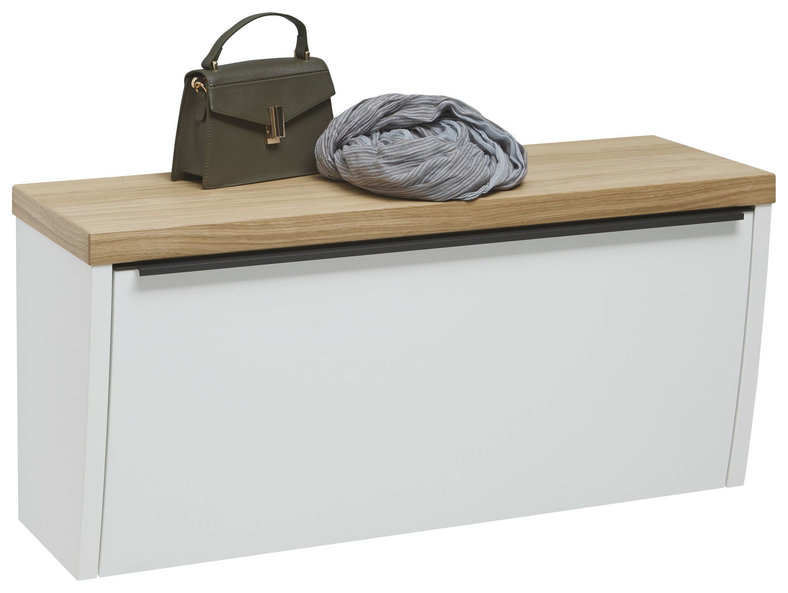 Moderner Hängeunterschrank mit weißer Front und Holzoberfläche, darauf eine grüne Handtasche und ein grauer Schal, seitliche Perspektive.