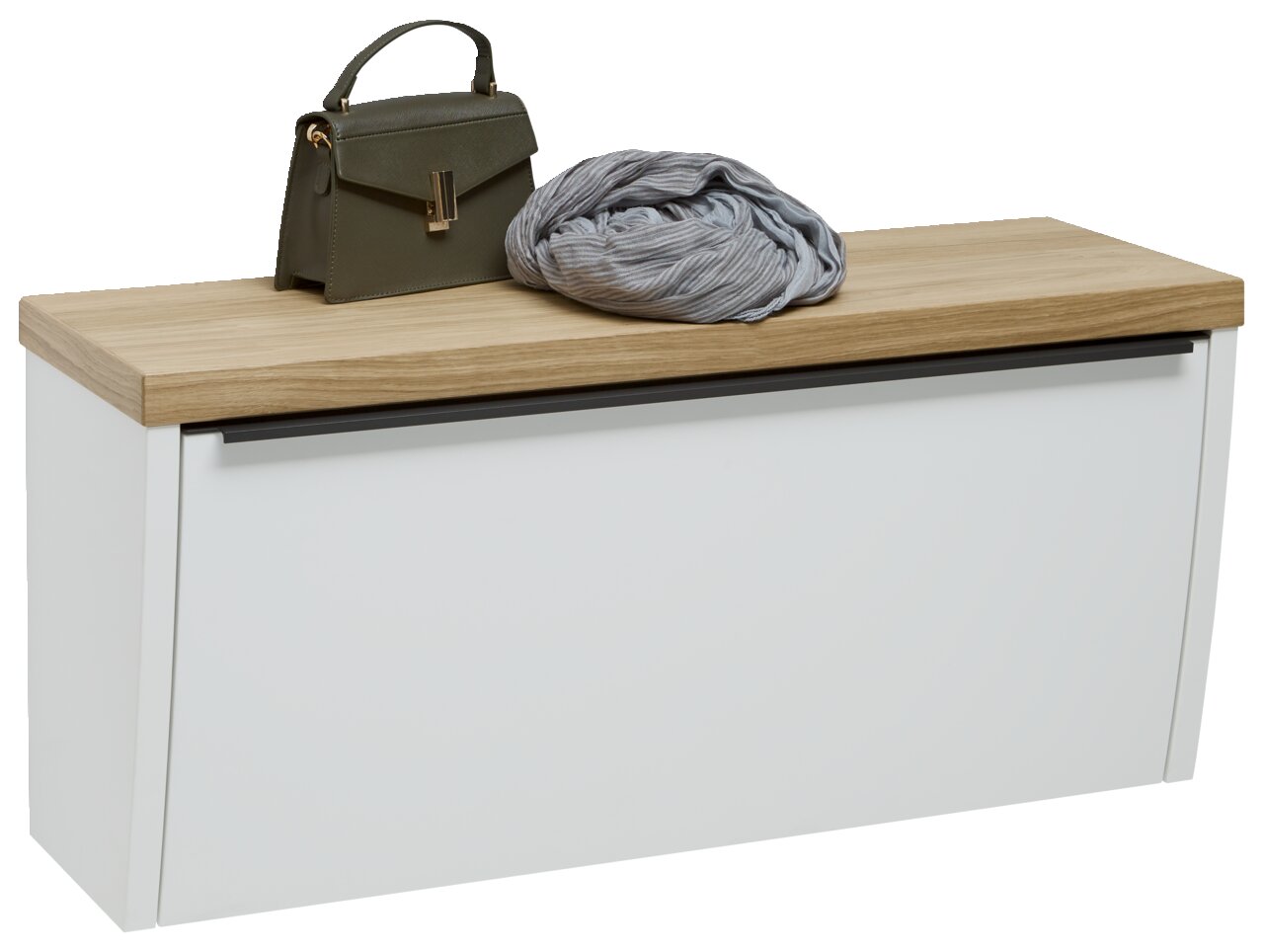 Moderner Hängeunterschrank mit weißer Front und Holzoberfläche, darauf eine grüne Handtasche und ein grauer Schal, seitliche Perspektive.