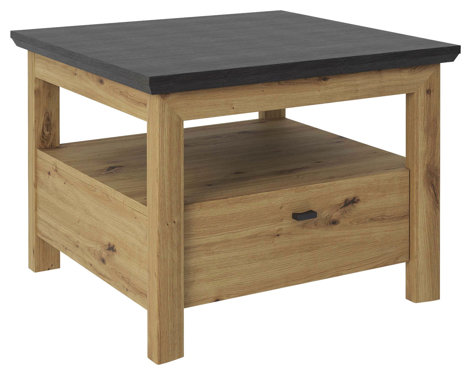 Beistelltisch aus Holz mit dunkler Tischplatte, seitliche Perspektive