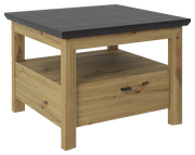 Beistelltisch aus Holz mit dunkler Tischplatte, seitliche Perspektive