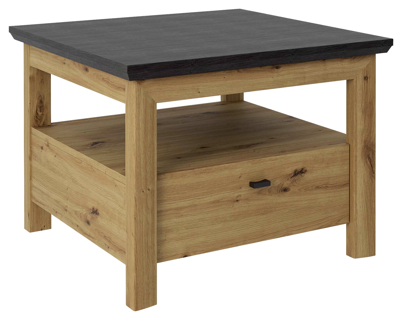 Beistelltisch aus Holz mit dunkler Tischplatte, seitliche Perspektive