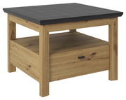 Beistelltisch aus Holz mit dunkler Tischplatte, seitliche Perspektive