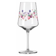Sprizzglas mit Erdbeer- und Blumenmuster, seitliche Perspektive