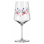 Sprizzglas mit Erdbeer- und Blumenmuster, seitliche Perspektive