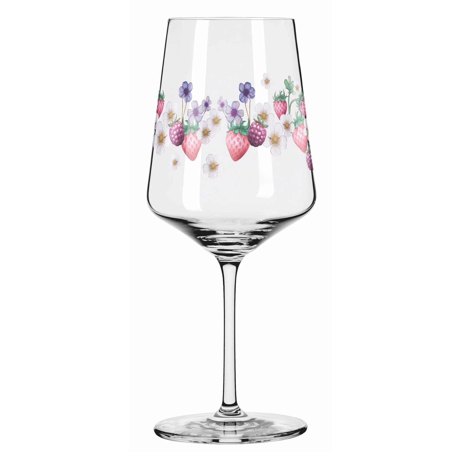 Sprizzglas mit Erdbeer- und Blumenmuster, seitliche Perspektive