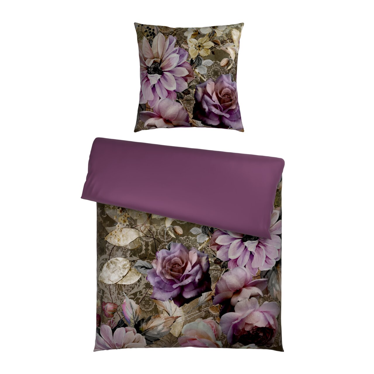 Wendebettwäsche mit floralem Muster in Lila- und Beigetönen, Draufsicht