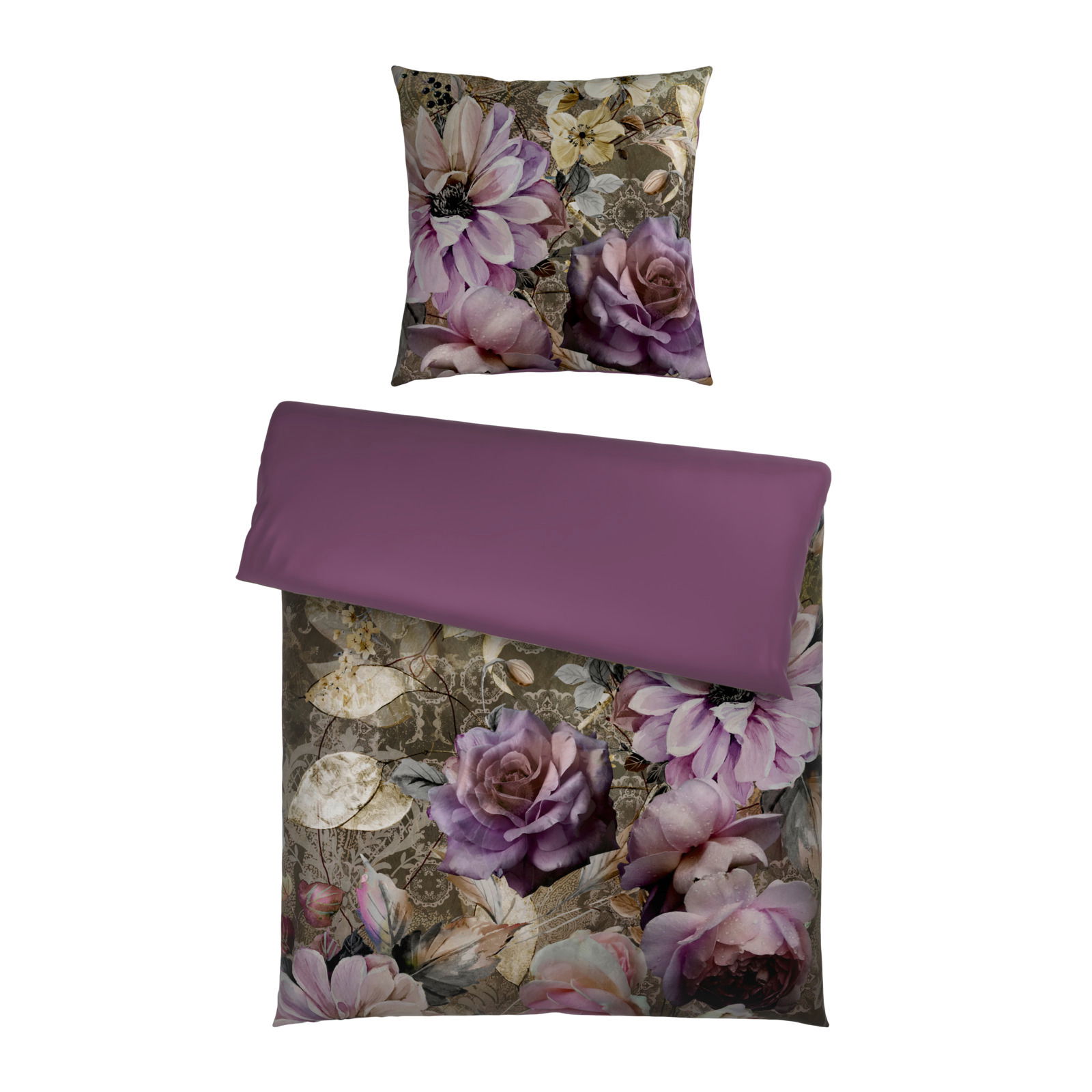 Novel Wendebettwäsche Wendebettwäsche mit floralem Muster in Lila- und Beigetönen, Draufsicht