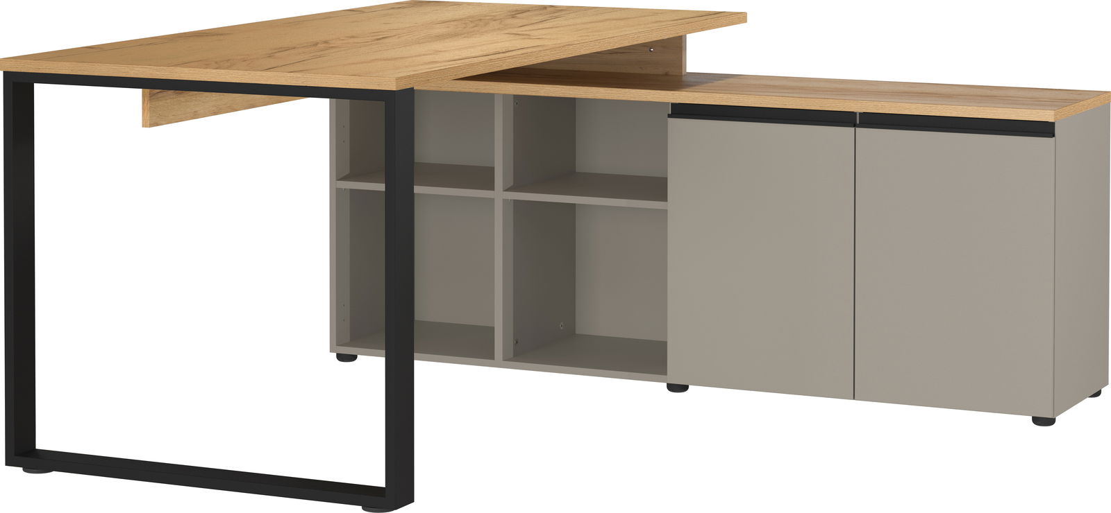 Moderner Winkelschreibtisch mit Holzoberfläche und Metallrahmen, seitliche Perspektive