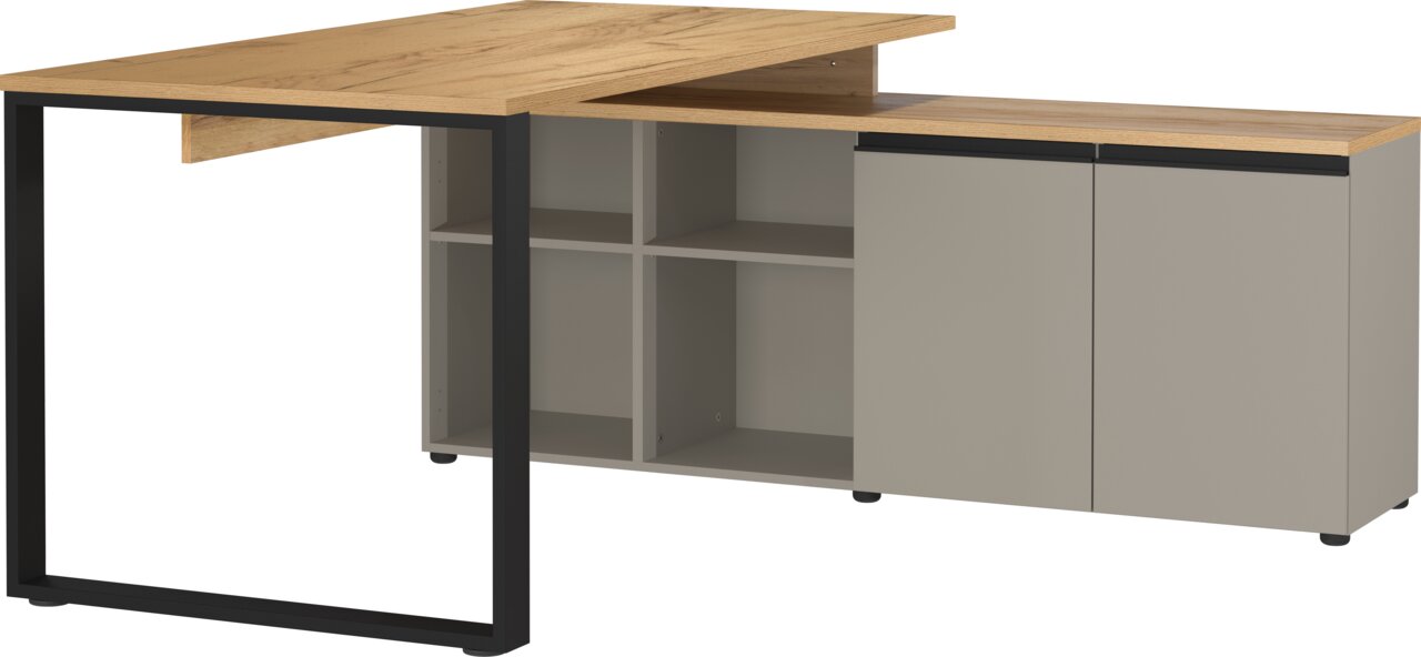 Novel Winkelschreibtisch DELTONA Moderner Winkelschreibtisch mit Holzoberfläche und Metallrahmen, seitliche Perspektive
