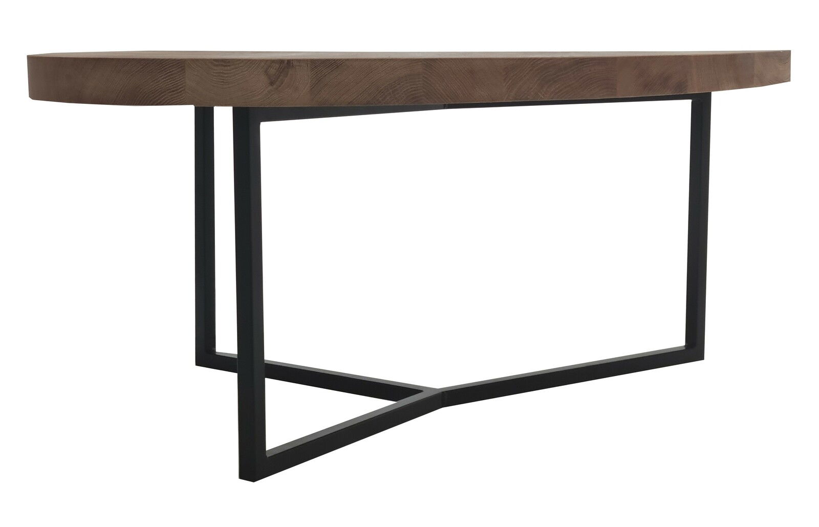 Moderner Couchtisch mit runder Holzplatte und schwarzem Metallgestell, seitliche Perspektive