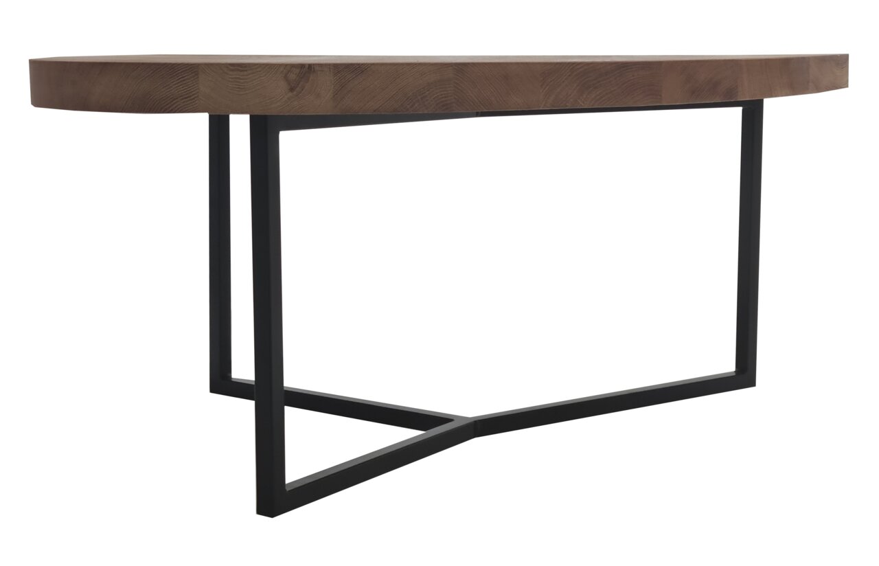 Moderner Couchtisch mit runder Holzplatte und schwarzem Metallgestell, seitliche Perspektive