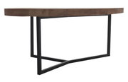 Moderne salontafel met rond houten blad en zwart metalen onderstel, zijaanzicht
