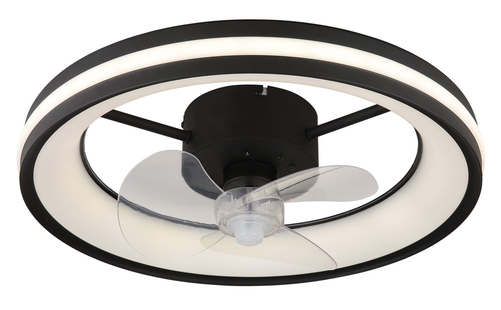 Moderner Deckenventilator mit LED-Beleuchtung, seitliche Perspektive