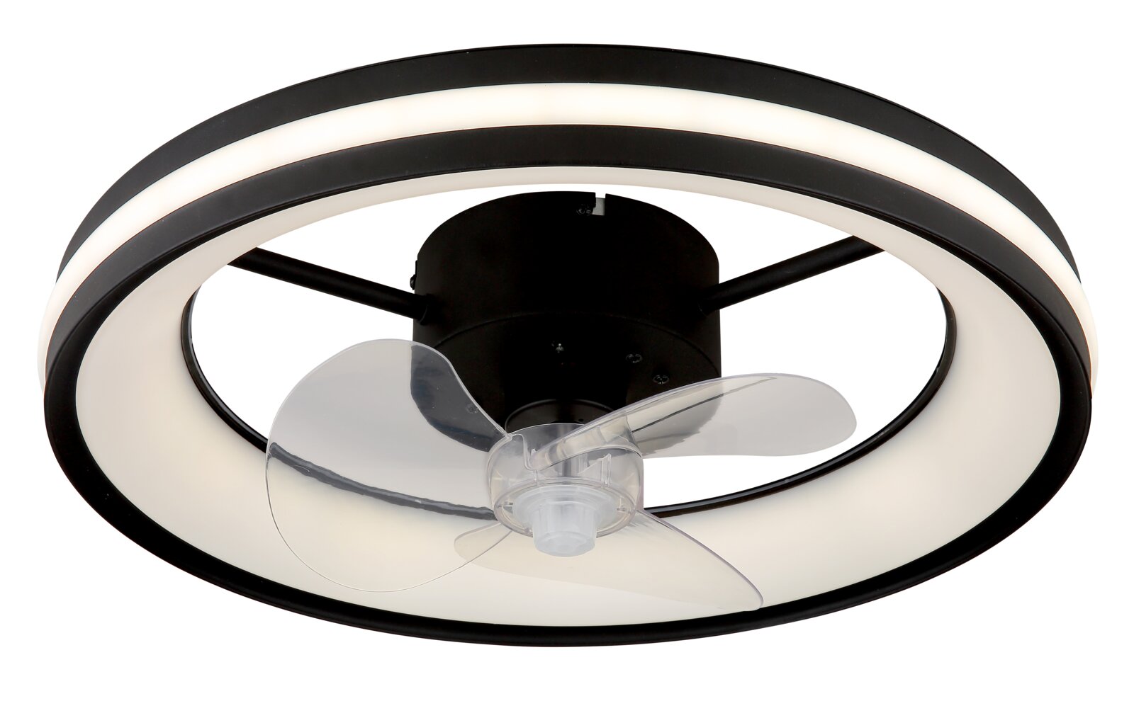 Moderne plafondventilator met ledverlichting, zijaanzicht