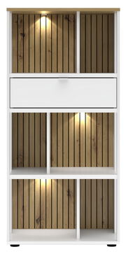 Büroregal mit Holzrückwand und integrierter Beleuchtung, frontal betrachtet