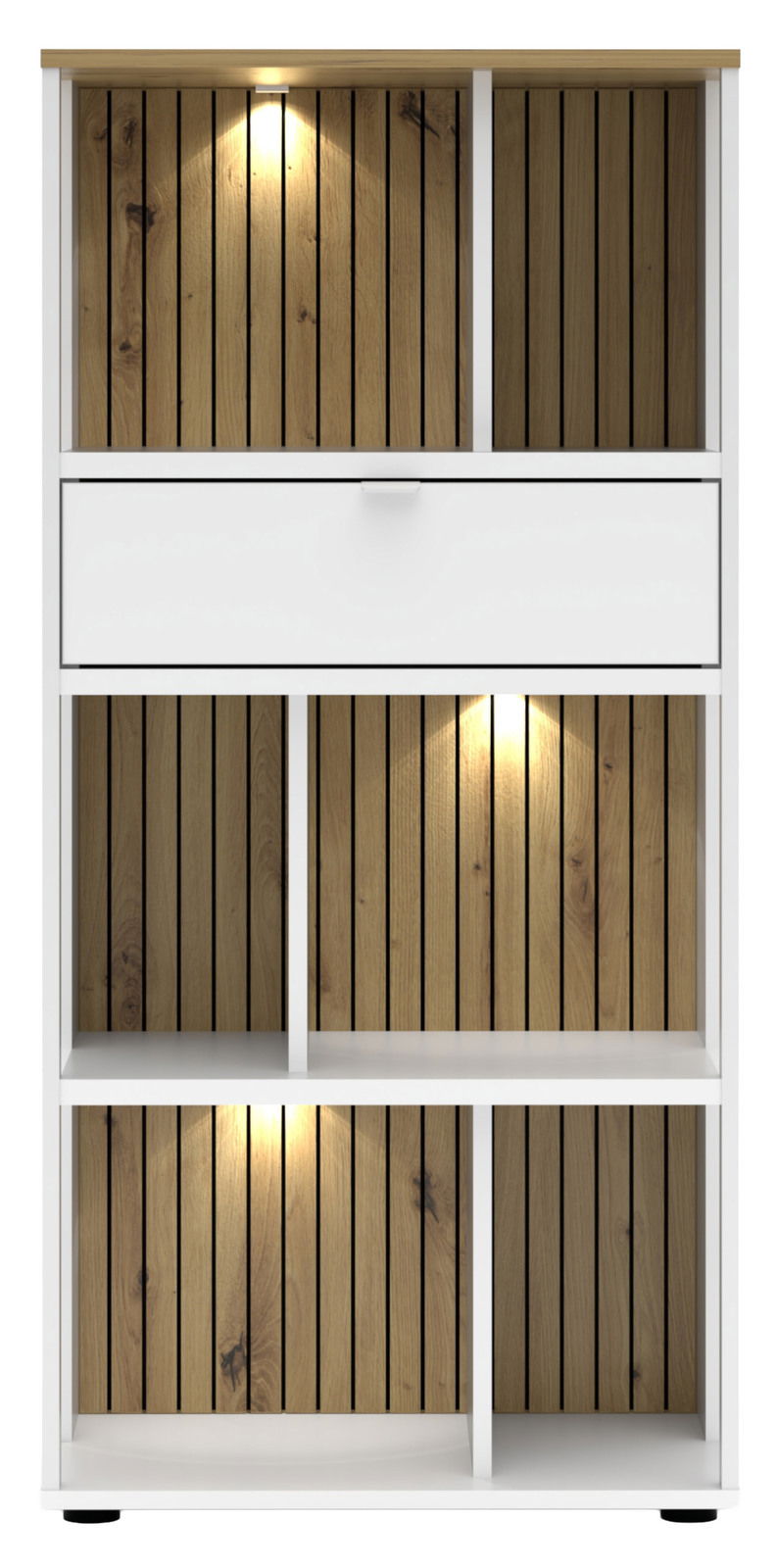 Büroregal mit Holzrückwand und integrierter Beleuchtung, frontal betrachtet