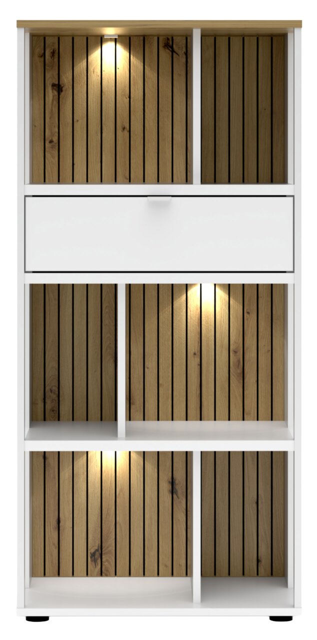 Kantoorkast met houten achterwand en ingebouwde verlichting, gezien vanaf de voorkant