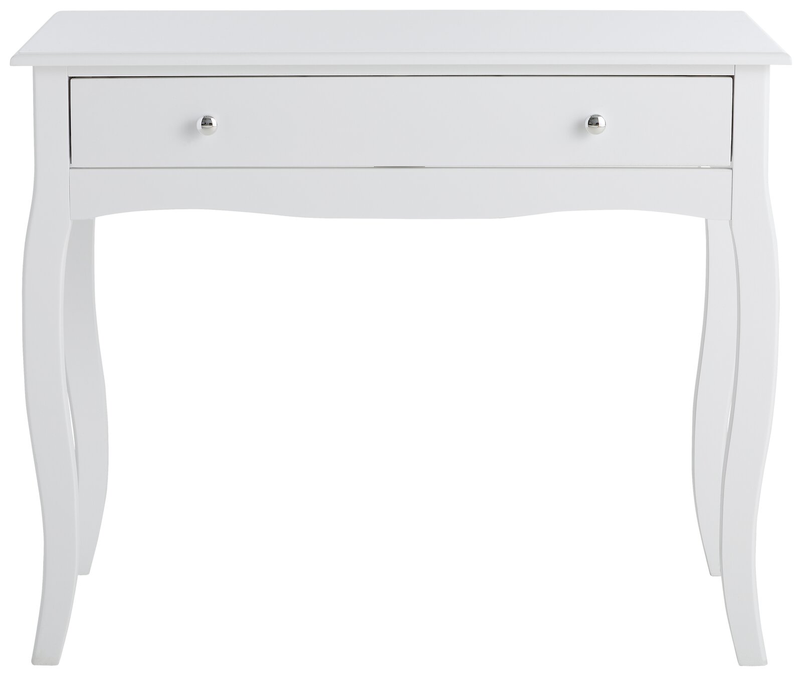 Weißer Konsolentisch mit geschwungenen Beinen und einer Schublade, Frontalansicht
