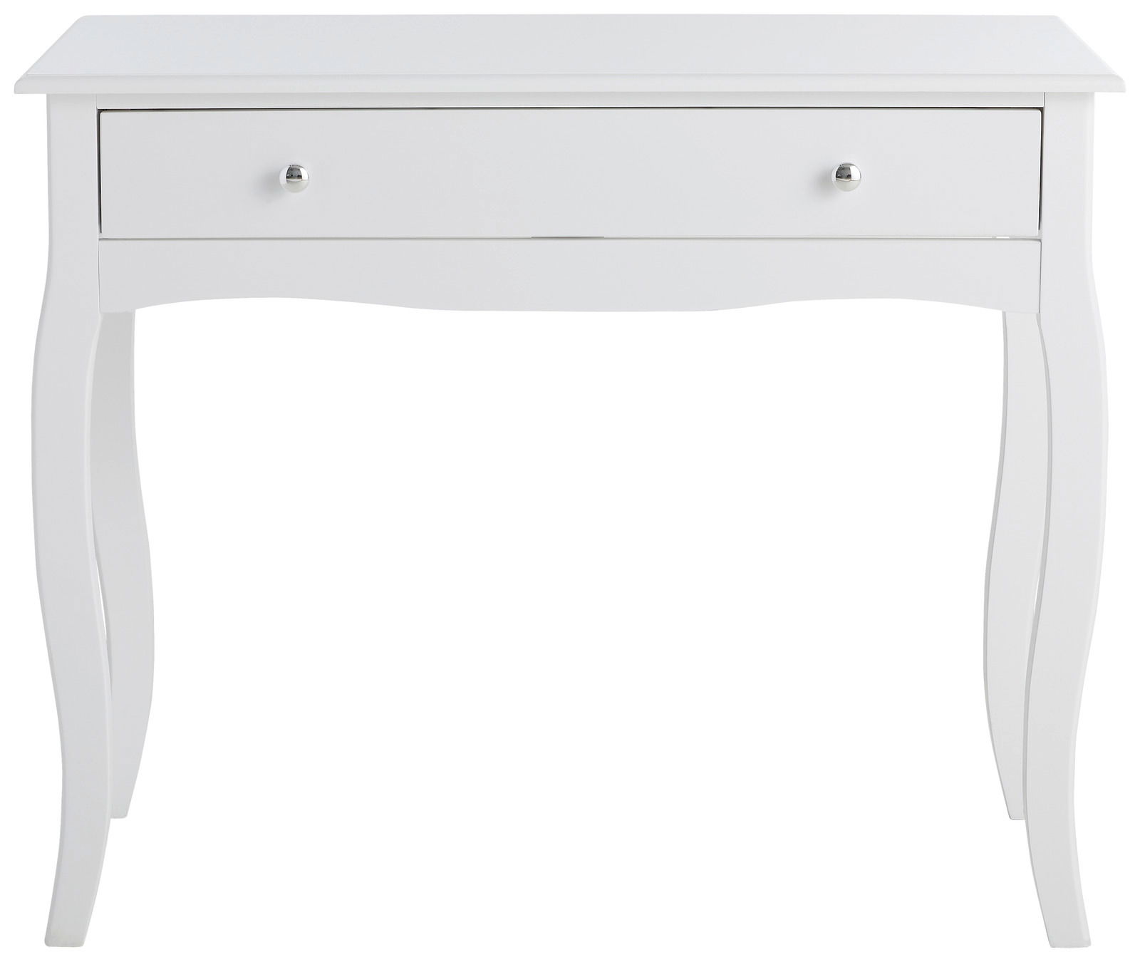 Weißer Konsolentisch mit geschwungenen Beinen und einer Schublade, Frontalansicht