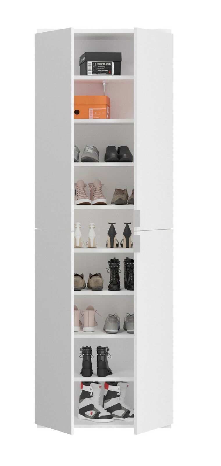 Weiße Garderobenkombination mit mehreren Regalböden, gefüllt mit verschiedenen Schuhen und Kartons, frontal betrachtet.