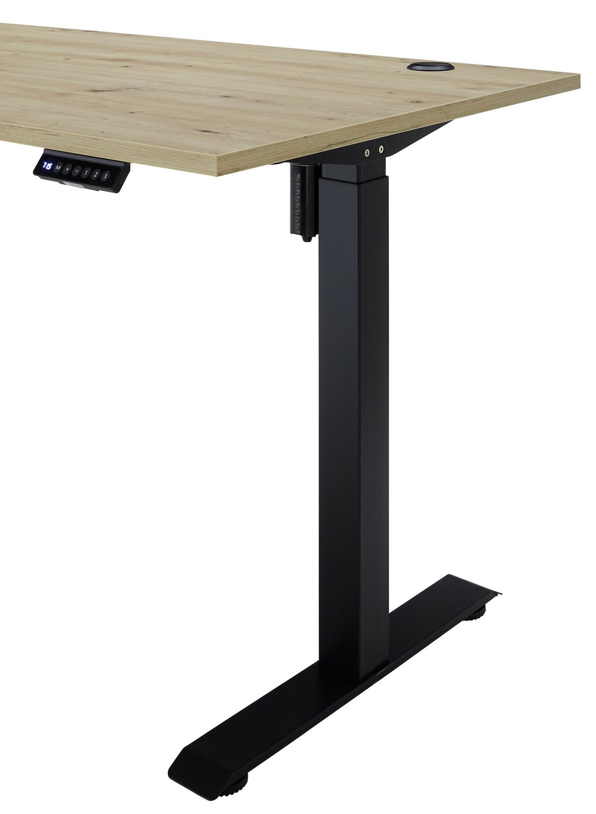 Höhenverstellbarer E-Schreibtisch mit Holzplatte und schwarzem Metallgestell, seitliche Perspektive