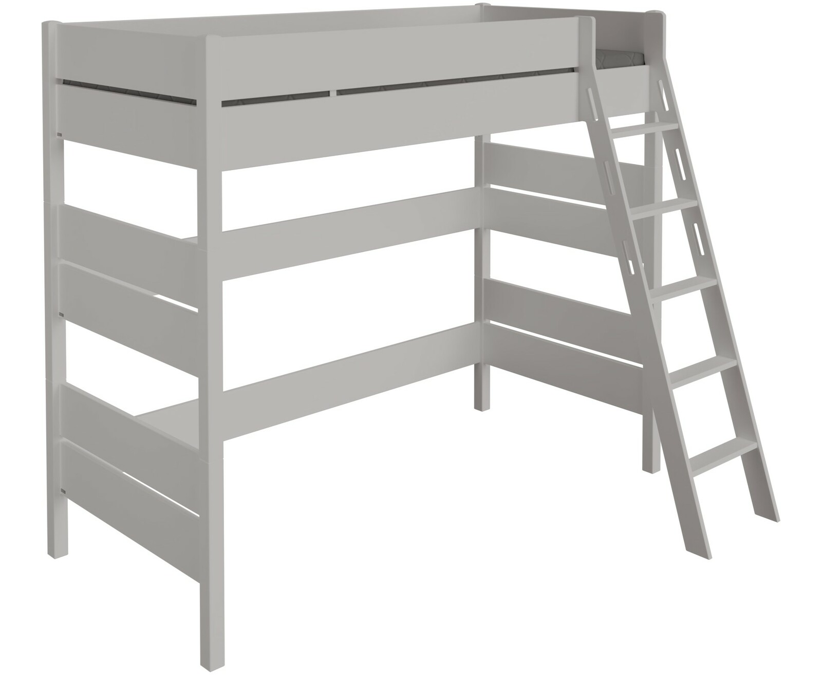 Weißes Hochbett mit Leiter, seitliche Perspektive