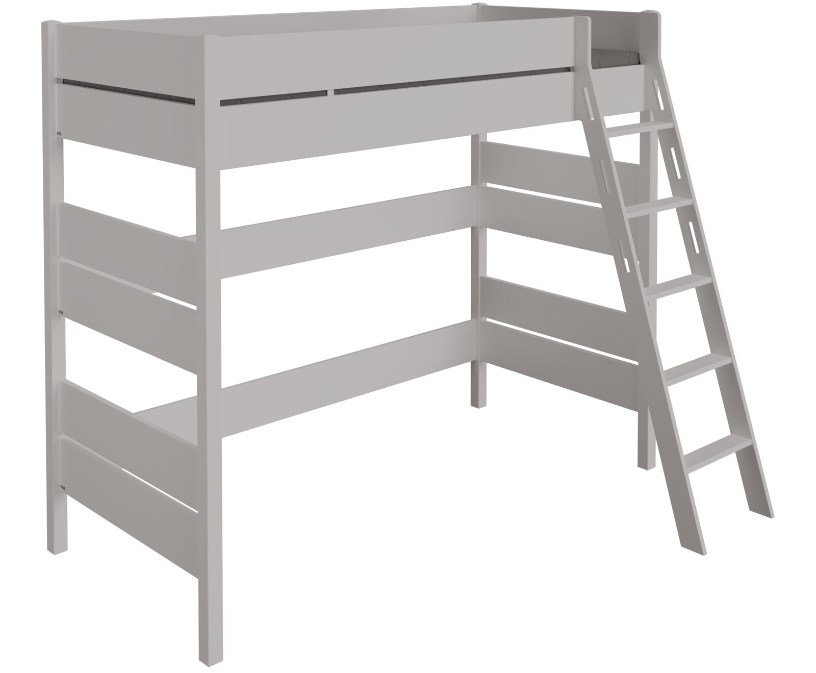 Weißes Hochbett mit Leiter, seitliche Perspektive