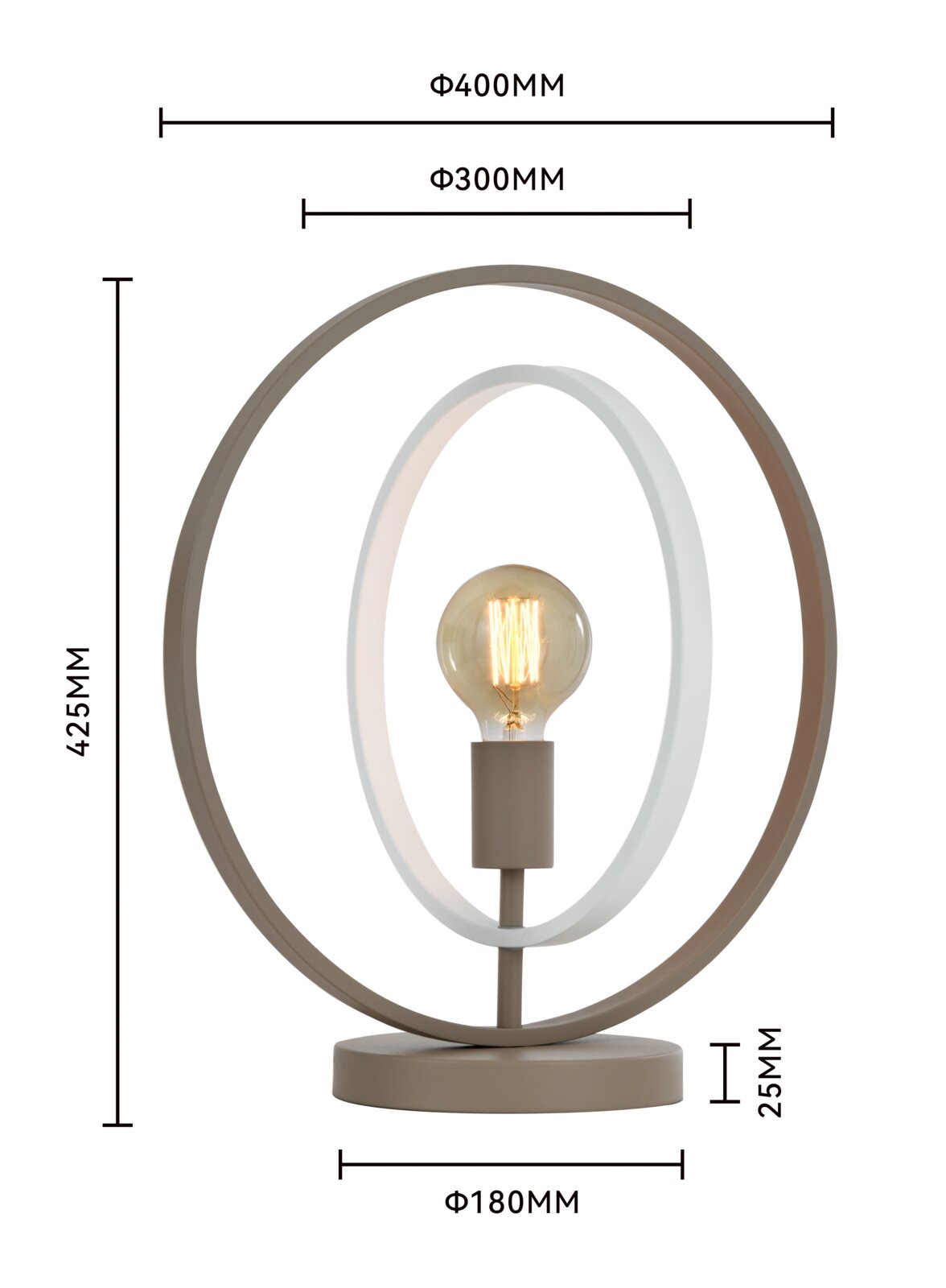 Vooraanzicht van een moderne taupekleurige tafellamp met twee ovale ringen, zichtbare filamentlamp en ronde voet, inclusief afmetingen: 425 mm hoog en 400 mm breed.