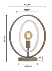 Vooraanzicht van een moderne taupekleurige tafellamp met twee ovale ringen, zichtbare filamentlamp en ronde voet, inclusief afmetingen: 425 mm hoog en 400 mm breed.