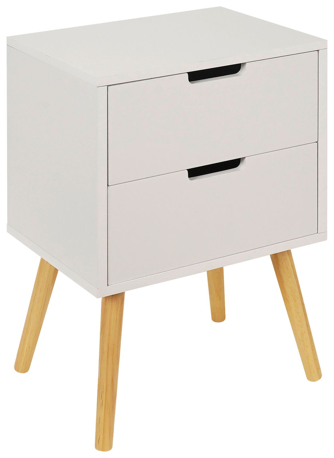 Weiße Nachtkommode mit zwei Schubladen und Holzbeinen, seitliche Perspektive
