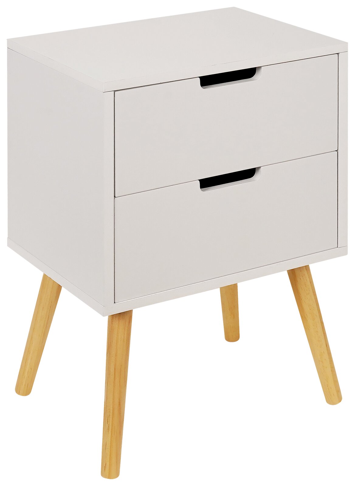 Weiße Nachtkommode mit zwei Schubladen und Holzbeinen, seitliche Perspektive