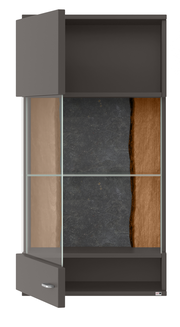 Hängevitrine mit geöffneten Türen, Ansicht von vorne, mit Glasregalen und dunklem Holzdesign.