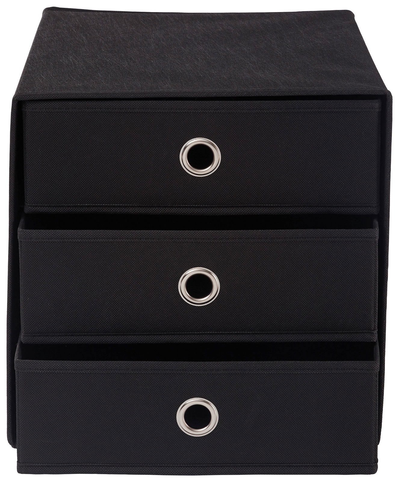 Carryhome Stoffbox mit Schubfächer CUBUS Schwarze Stoffbox mit drei Schubfächern, frontal betrachtet