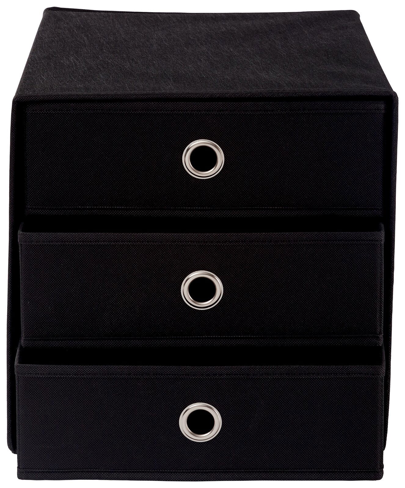 Carryhome Stoffbox mit Schubfächer CUBUS Schwarze Stoffbox mit drei Schubfächern, frontal betrachtet