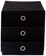 Schwarze Stoffbox mit drei Schubfächern, frontal betrachtet