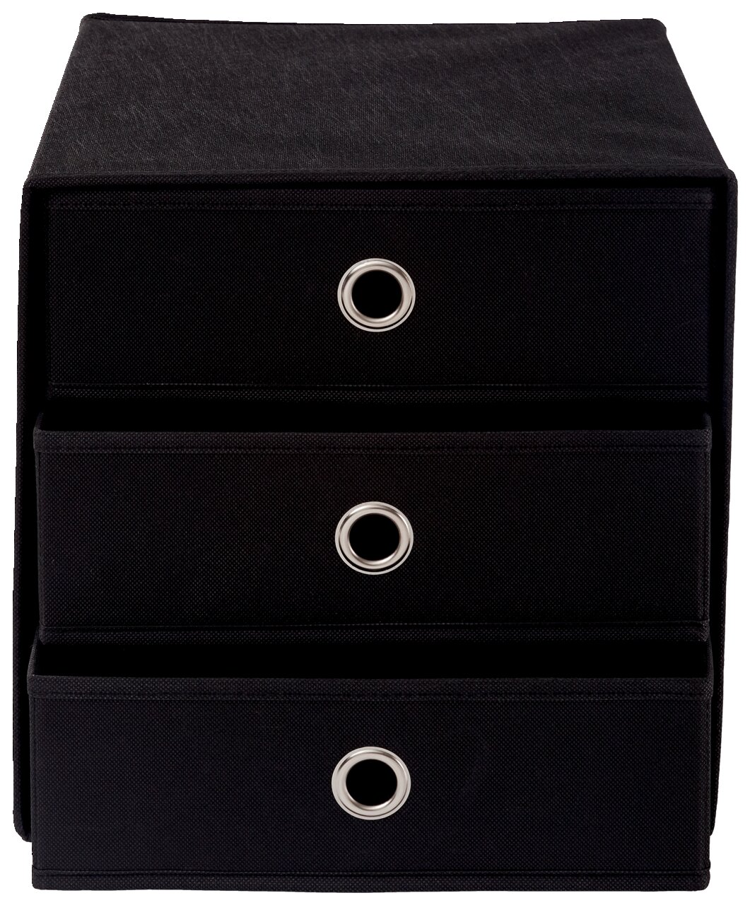 Schwarze Stoffbox mit drei Schubfächern, frontal betrachtet