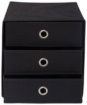 Schwarze Stoffbox mit drei Schubfächern, frontal betrachtet