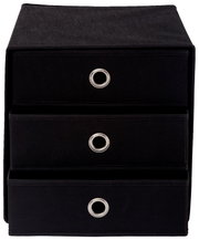 Zwarte stoffen ladekast met drie laden, gezien vanaf de voorkant
