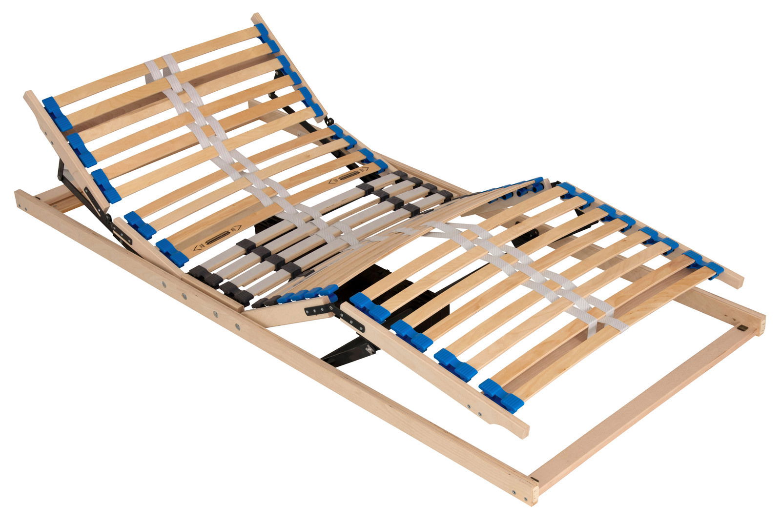 Verstellbarer Lattenrost MO 90 x 200 cm aus Holz mit blauen und schwarzen Kunststoffelementen, seitliche Perspektive