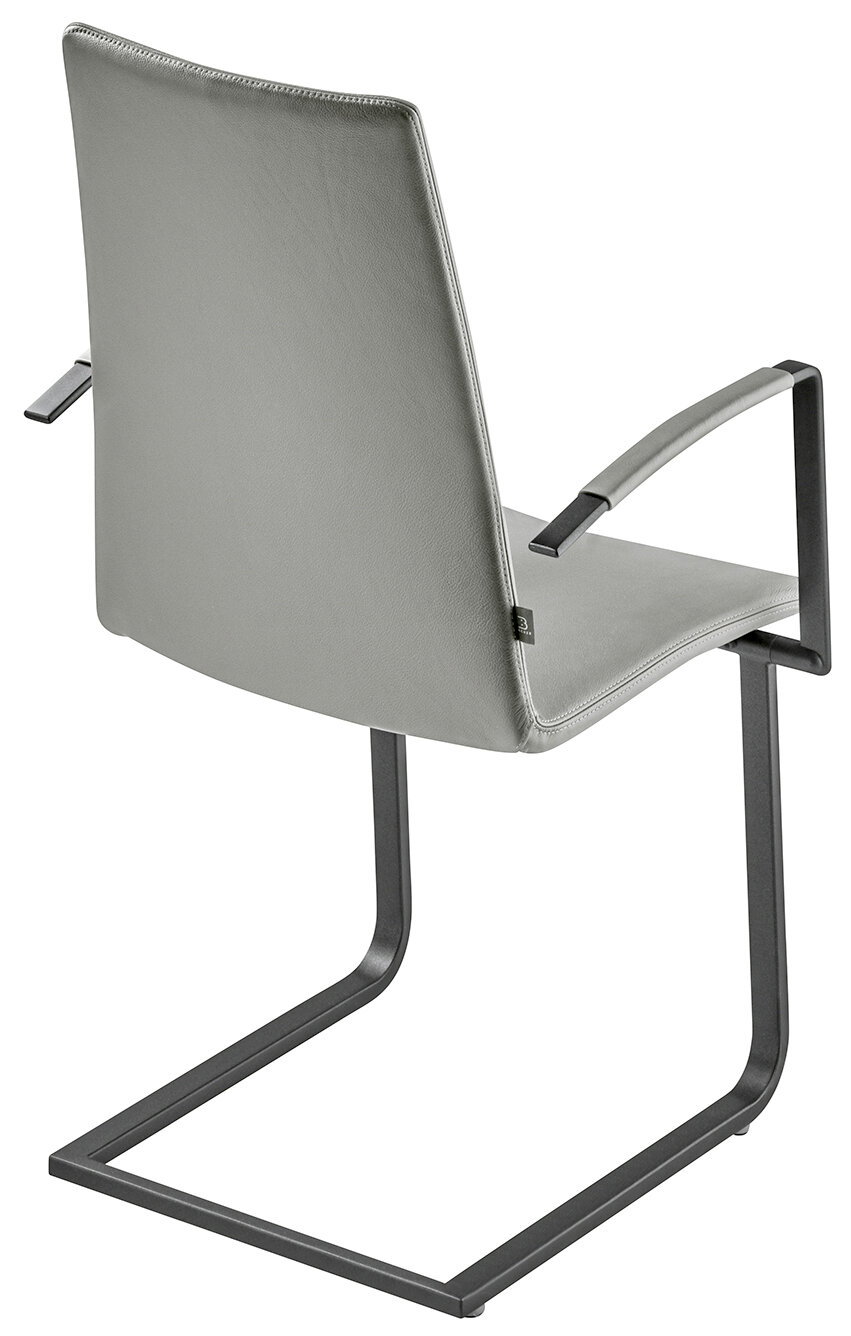 Moderner Sessel mit grauem Lederbezug und Metallgestell, Rückansicht