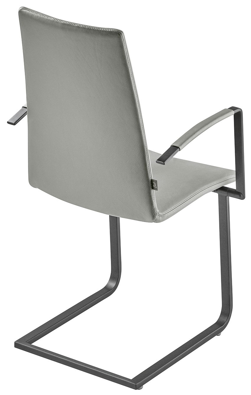 Moderner Sessel mit grauem Lederbezug und Metallgestell, Rückansicht
