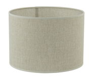 Zylindrischer Lampenschirm aus beigem Stoff, seitliche Perspektive